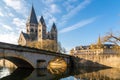 Pont des Roches bridge and Temple neuf - New Protestant church, German Imperial monument of Alsace-Lorraine in Ville de Metz city Royalty Free Stock Photo