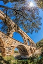 Pont du Gard against sunset is an old Roman aqueduct in Provence, France Royalty Free Stock Photo