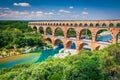 Pont du Gard, France. Ancient three-tiered aqueduct, built in Roman Empire times on the river Gardon, Provence Royalty Free Stock Photo