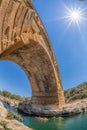 Pont du Gard with paddle boats is an old Roman aqueduct in Provence, France Royalty Free Stock Photo