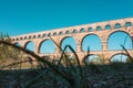 Pont du Gard three-tiered aqueduct was built in Roman times on the river Gardon Royalty Free Stock Photo