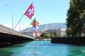 Pont du Mont Blanc and tip of Ile Rousseau in Rhone river, Geneva, Switzerland Royalty Free Stock Photo