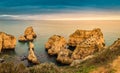 Ponta da Piedade rock formations near touristic village Lagos in the Algarve, Portugal at sunset Royalty Free Stock Photo