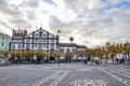 Ponta Delgada, Azores, Portugal - Jan 12, 2020: Cobbled square in the historical center of the Portuguese city. Traditional Royalty Free Stock Photo