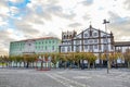 Ponta Delgada, Azores, Portugal - Jan 12, 2020: Cobbled square in the historical center of the Portuguese city. Traditional Royalty Free Stock Photo