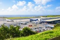 Ponta Delgada, Azores, Portugal - Jan 14, 2020: View of Joao Paulo II Airport in Sao Miguel Island. Runway with a plane, building