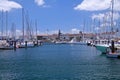 Ponta Delgada harbour with sails and typical architecture Royalty Free Stock Photo