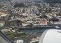 Ponta Delgada town panorama skyline Viewed from window of landing jet airplane, Sao Miguel island, Azores, Portugal