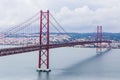 Ponte 25 de Abril Bridge in Lisbon, Portugal. Connects the cities of Lisbon and Almada crossing the Tagus River. View from Almada Royalty Free Stock Photo