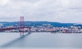 Ponte 25 de Abril Bridge in Lisbon, Portugal. Connects the cities of Lisbon and Almada crossing the Tagus River. View from Almada Royalty Free Stock Photo