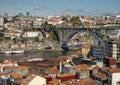 The Ponte Dom Luis I Bridge over the River Douro and the historic neighborhood Ribeira in Porto, Portugal. Royalty Free Stock Photo