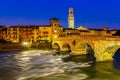 Ponte Pietra and Adige at night, Verona, Italy