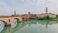 Ponte Pietra over Adige river, with the bell tower of Verona cathedral, in Verona, Italy Royalty Free Stock Photo