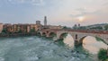 Ponte Pietra over Adige river, with the bell tower of Verona cathedral, in Verona, Italy Royalty Free Stock Photo