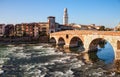 Ponte Pietra Pons Marmoreus and the River Adige at sunny morning, Verona, Italy Royalty Free Stock Photo