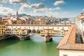 The Ponte Vecchio over the Arno from the Uffizi Gallery in Florence in Tuscany, Italy Royalty Free Stock Photo