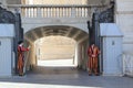 Pontifical Swiss Guards dressed in uniform with a Renaissance appearance. The Vatican city.