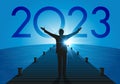 Concept of a rebirth of the economy, with an optimistic man opening his arms to welcome the year 2023.