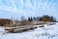 Pontoon bridge on ice in winter Royalty Free Stock Photo