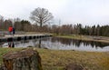 A bridge over a body of water with a large tree in the background Royalty Free Stock Photo