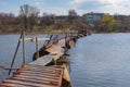 Pontoon-bridge over small river Sura to remote Ukrainian village Rakshivka