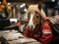 Pony in postal uniform delivering mail