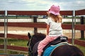 Pony riding, young girl as a horseback jockey rear view. female child as a horse rider. equestrian ride lesson for little kids. Royalty Free Stock Photo