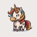 Pony Unicorn with Big Eyes and Golden Wings, Hooves on white Background, Cartoon Character Hand Drawn Vector Illustration