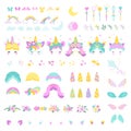 Pony unicorn face constructor, child game or print make bundle. Magic unicorns elements, ears hair and fairy stick Royalty Free Stock Photo