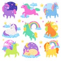 Pony vector cartoon unicorn or baby character of girlish horse with horn and colorful ponytail illustration set of Royalty Free Stock Photo