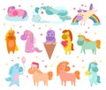 Pony vector cartoon unicorn or baby character of girlish horse with horn and colorful ponytail in love illustration set Royalty Free Stock Photo