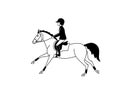 Pony and young rider, black and white vector