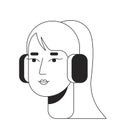 Ponytail young adult woman headphones black and white 2D line cartoon character head