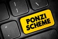 Ponzi Scheme - investment fraud that pays existing investors with funds collected from new investors, text concept button on