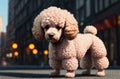 Poodle in city. Cute curly dog on walk along city street. Generative AI.