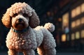 Poodle in city. Cute curly dog on walk along city street. Generative AI.