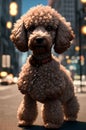 Poodle in city. Cute curly dog on walk along city street. Generative AI.