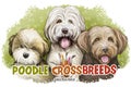 Poodle crossbreeds isolated banner. Bordoodle puppy, Goldendoodle and bordoodle. Digital art illustration of hand drawn pets