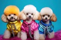 Poodle dog puppy in a group, vibrant bright fashionable outfits at birthday party. Generative AI