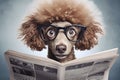 A poodle dog wearing glasses is reading a newspaper and is very surprised Royalty Free Stock Photo