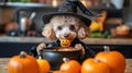 A poodle dressed in a witchs hat and cape brews magic in a spooky kitchen, adding charm to Halloween pet fun Royalty Free Stock Photo