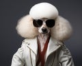 The poodle is in the most fashionable clothes.