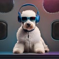 A poodle with a pair of headphones, jamming out to music on a high-end audio system3