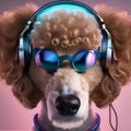 A poodle with a pair of headphones, jamming out to music on a high-end audio system2