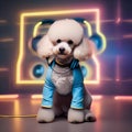 A poodle with a pair of headphones, jamming out to music on a high-end audio system5