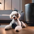 A poodle with a pair of headphones, jamming out to music on a high-end audio system4