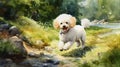 Beautiful Watercolor Painting Of A Poodle Playing Fetch In A Green Meadow