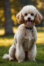 A poodle is sitting on the grass and looking at the camera Royalty Free Stock Photo