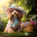 a poodle wearing a hat and sitting in the grass with a basket of flowers in front of her and a baske