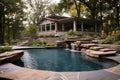 Pool area around backyard. Generate Ai Royalty Free Stock Photo